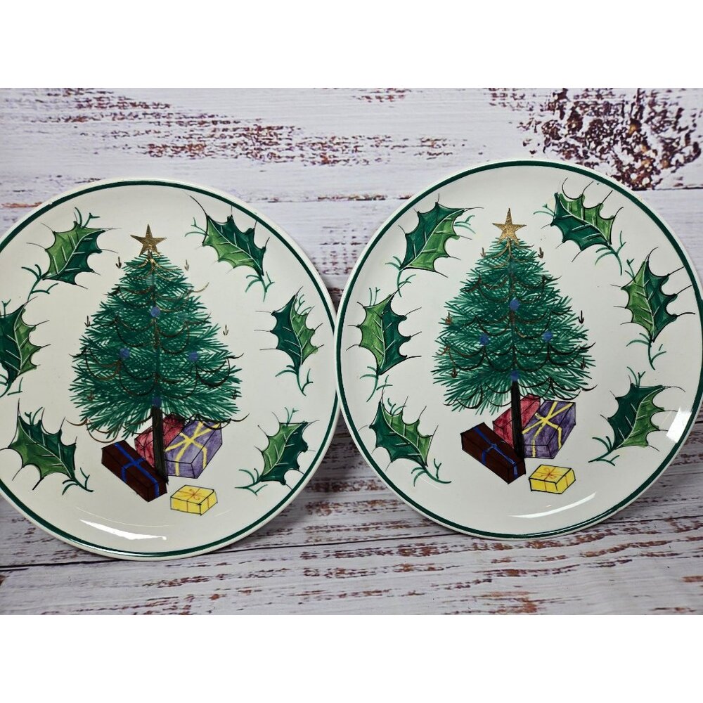 Vintage Made in Italy Christmas Tree Holiday Plates Set Of 2 With Holly & Gift D